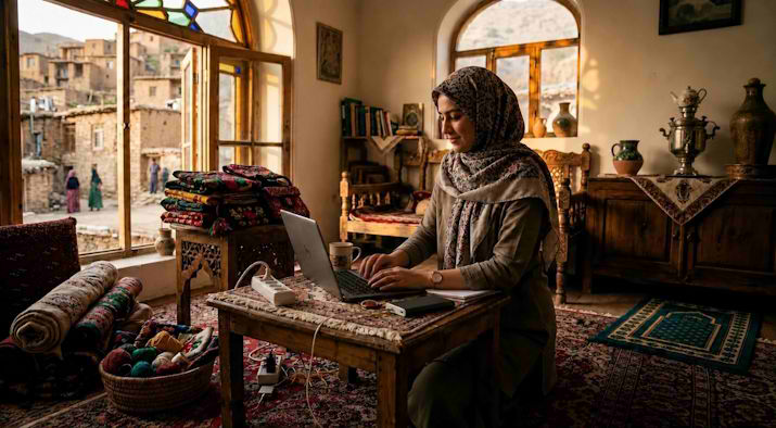 خانمی که در خانهای روستایی مشغول کسب و کار الکترونیکی خود است