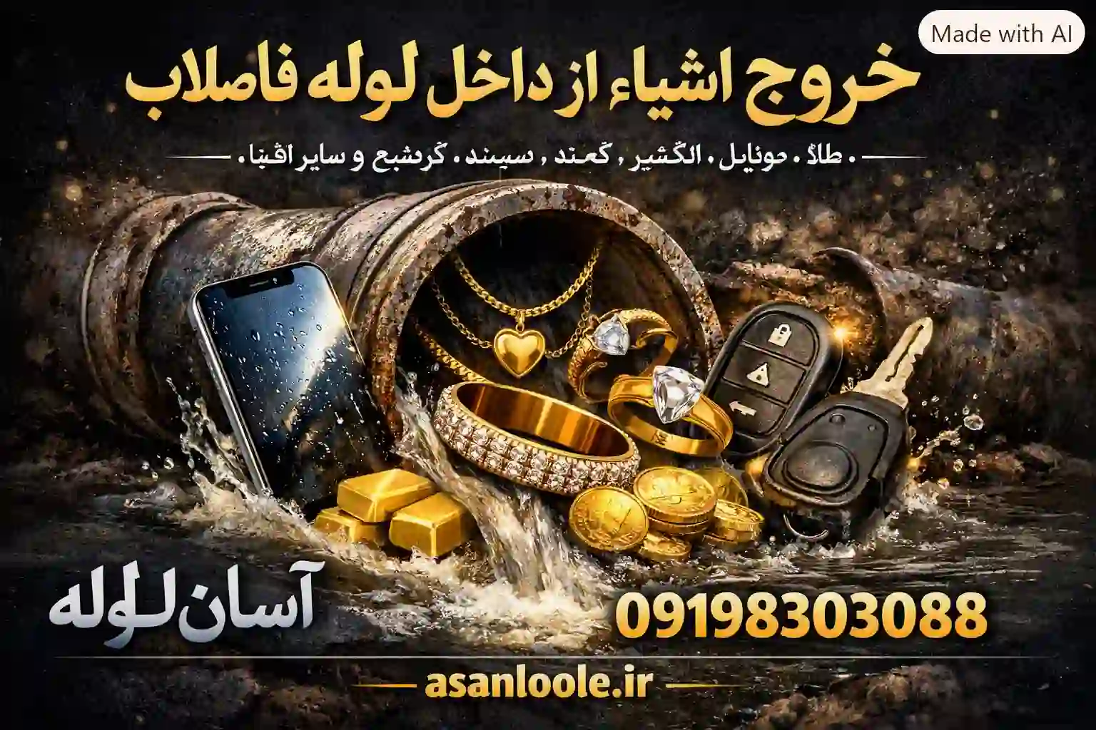 در اوردن طلا و اشیا از داخل لوله فاضلاب